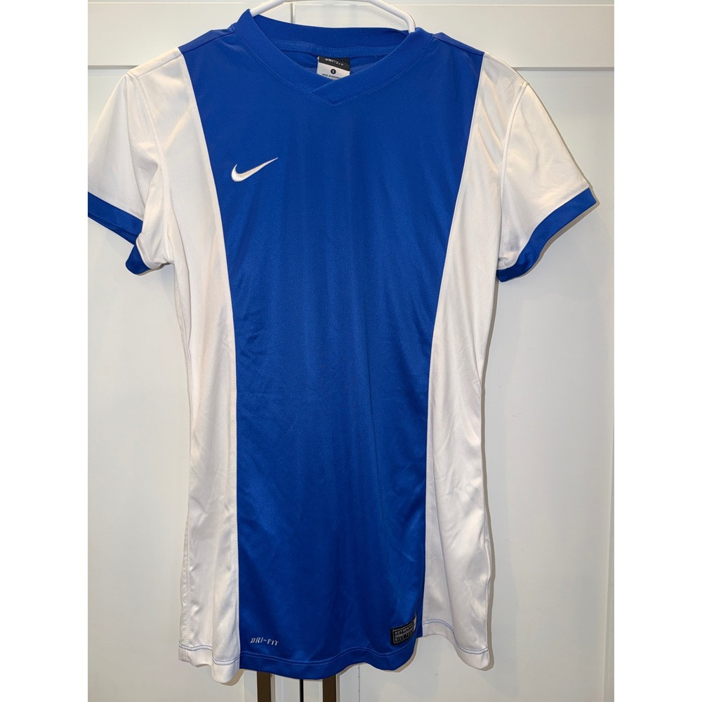 Nike Dri-FIT Soccer Jersey Womens Small Blue White Short Sleeve V-Neck Athletic
